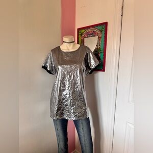 Silver Cyber Y2K Metallic Disco Women's Short Sleeve Top with Black Trim Details